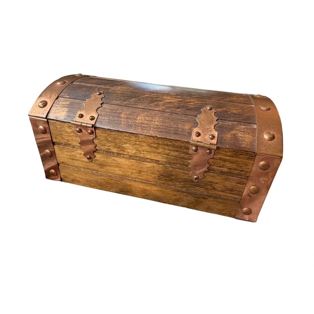 Vintage Wooden Treasure Chest Jewelry Box Burgundy Velvet Lining Copper Trim